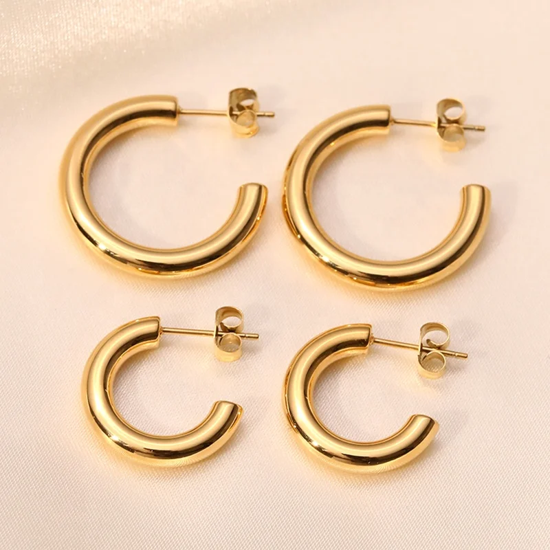 

MICCI Wholesale Custom High Quality Glossy Big Small C Shaped Ear rings 18K Gold Plated Stainless Steel CC Hoop Stud Earrings, Silver, gold, rose gold color
