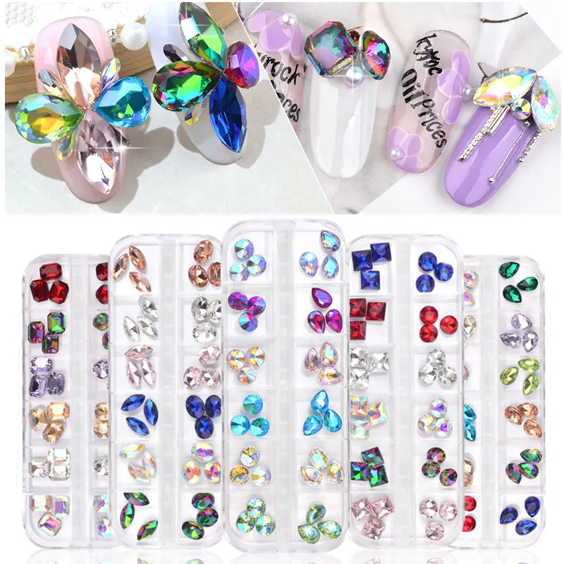

1 Box Mixed Colorful Oval Waterdrop Round Nail Rhinestones Chameleon AB Crystal Nail Art Decorations