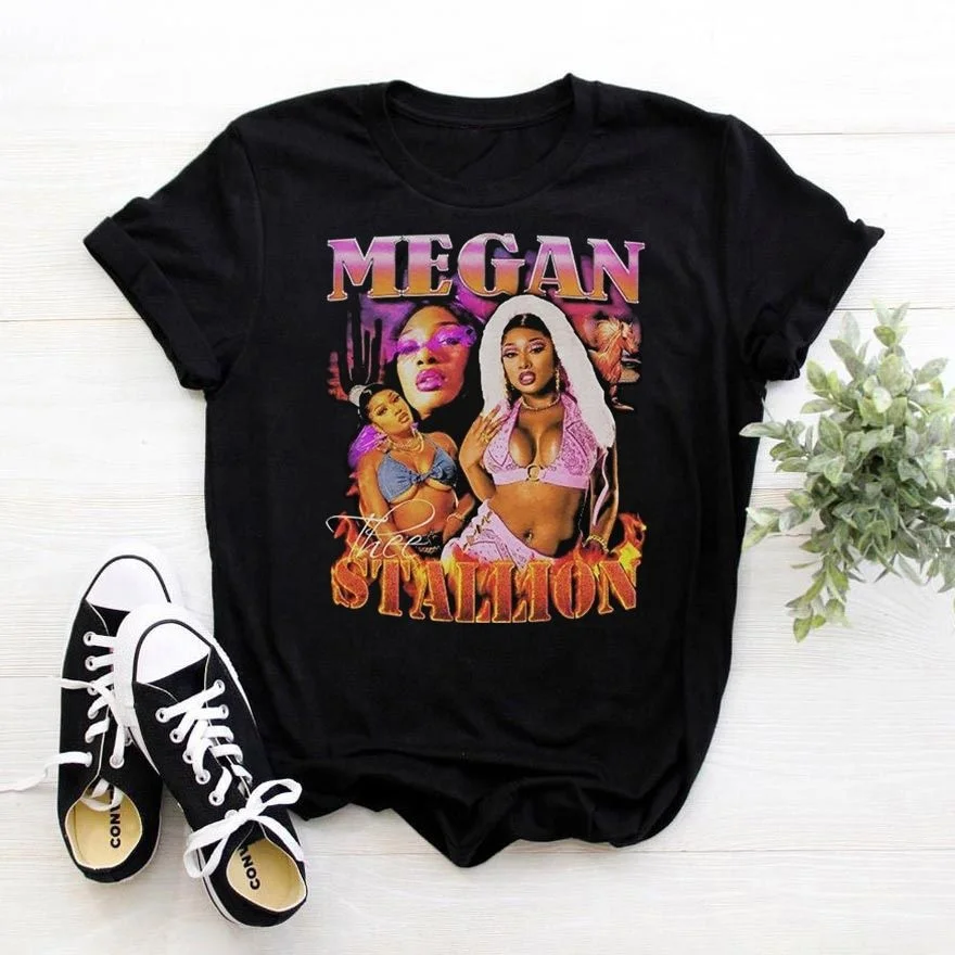 

Dropshipping Megan Thee Stallion Women Top Tees 100% Cotton Custom Printing Plus Size Vintage Graphic T-shirt, Black white gray dark blue red