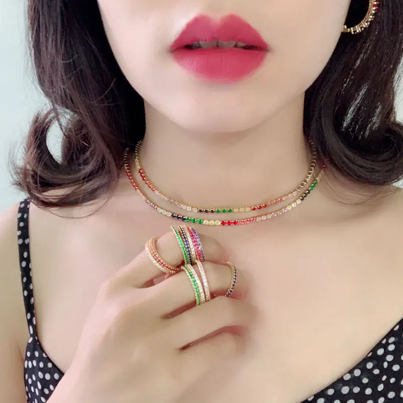 

2021 Sexy Short Sparking Rainbow Tennis Chain Chocker Necklace With 3A+ CZ Fashion Personality Women Collar Jewellery Wholesale, Picture shows