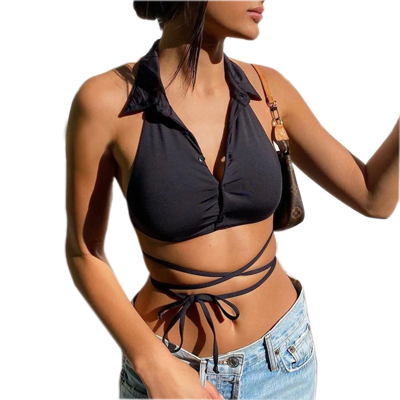 

Amazon top sale womens camisole sexy low-cut halter crop top lace up backless crop top women clothing