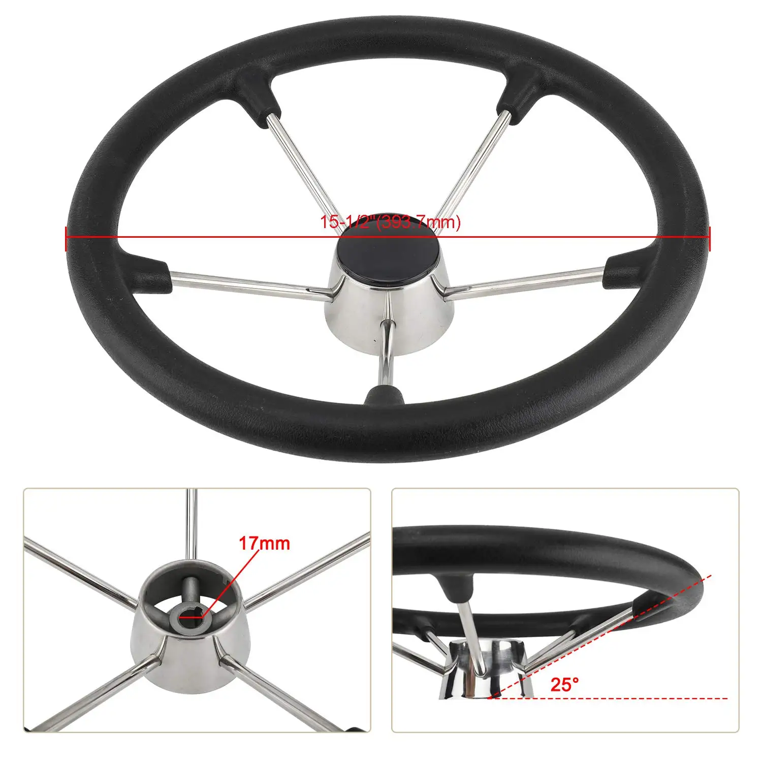 5 Spoke Boat Steering Wheel,Stainless Marine Steering Wheel With Black