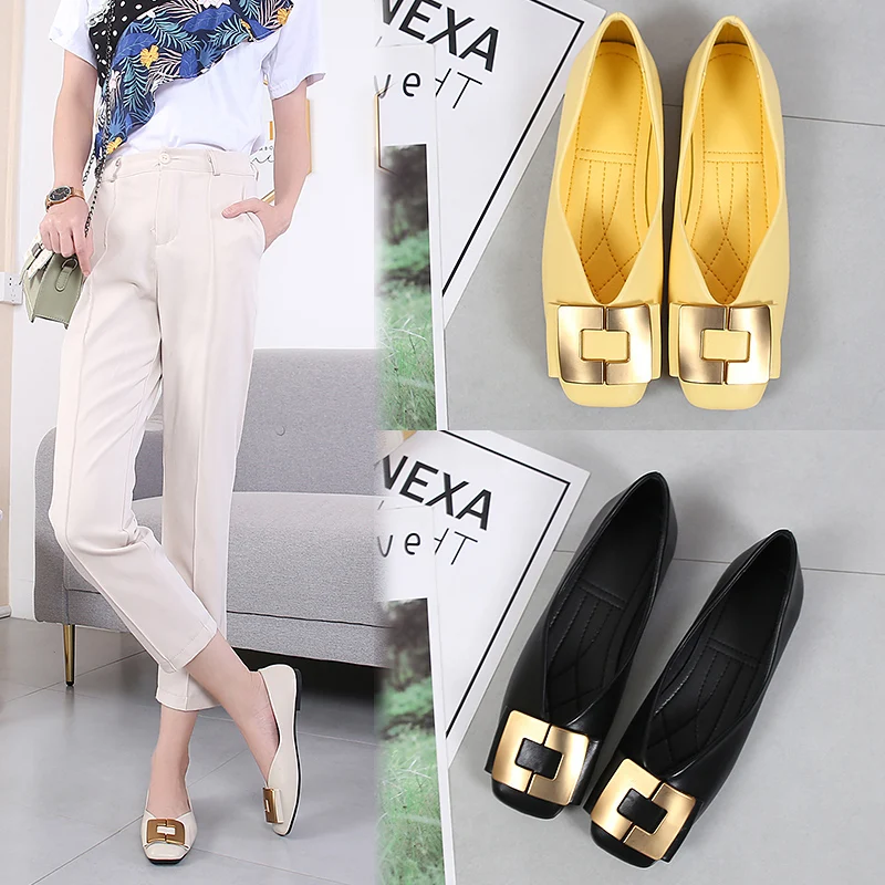 

Hot sale big size 43 square toe gold buckle ladies shoes 2021 flat women shoes fashion shoe online women's flats