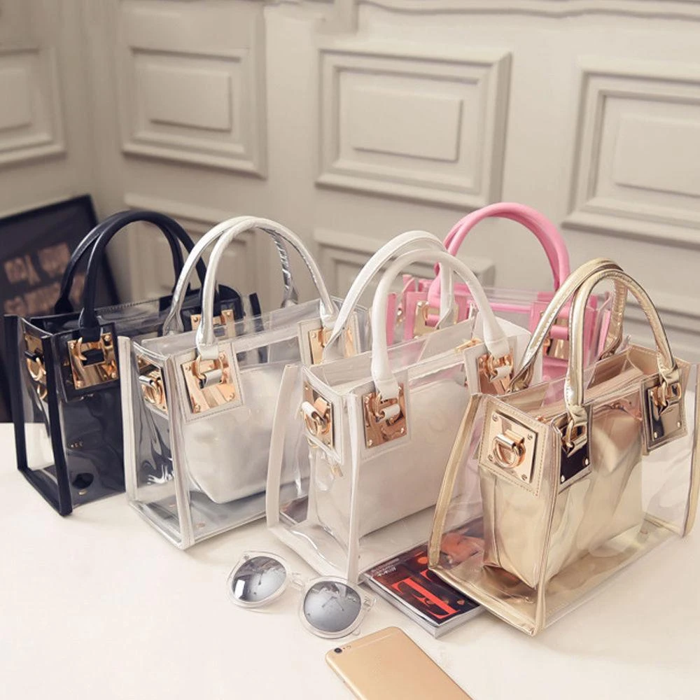 

2pcs Women Fashion Shoulder Bag Clear Jelly Clutch Purse Transparent Handbag, 5 colors