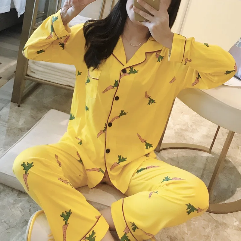 Spring and autumn women pajamas long sleeve cardigan summer thin sweet strawberry casual large size two-piece cartoon pajamas ca