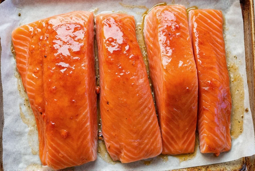 Salmon fillet with glossy pepper jelly glaze on baking sheet