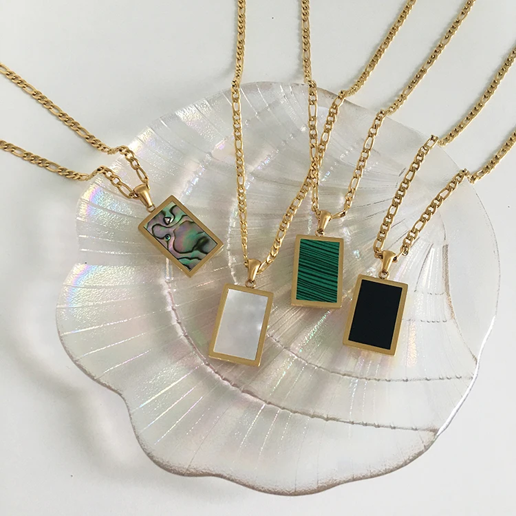 

Vintage Stainless Steel Jewelry Female Choker 2021 Trend Square Colorful Opal Pendant Link Chain 18K Gold Necklaces for Women