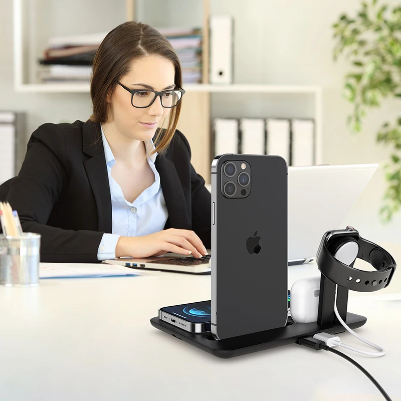

5 in 1 Portable Fast Qi Wireless iphone Charger Square Dock For iphone 12 pro max, Black