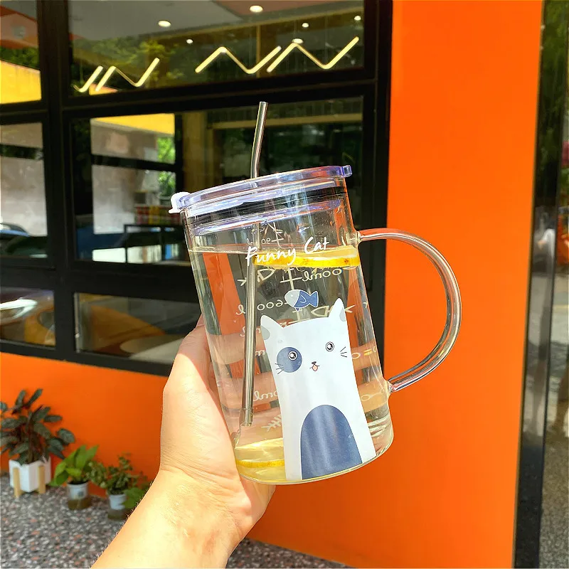 

1000ml Large capacity adult straw tumbler portable handle breakfast milk cup simple cartoon printing straw glass drinking cup, As is or customized