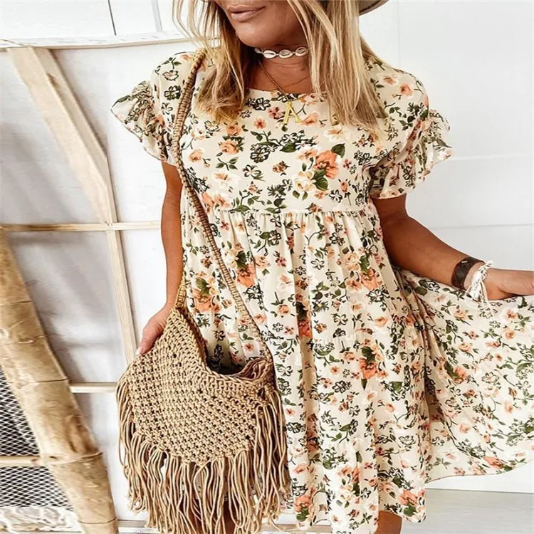 

Fashion Newest Womens Summer Ruffle Dress Beach Holiday Sundress Flower Casual Dresses Wholesale
