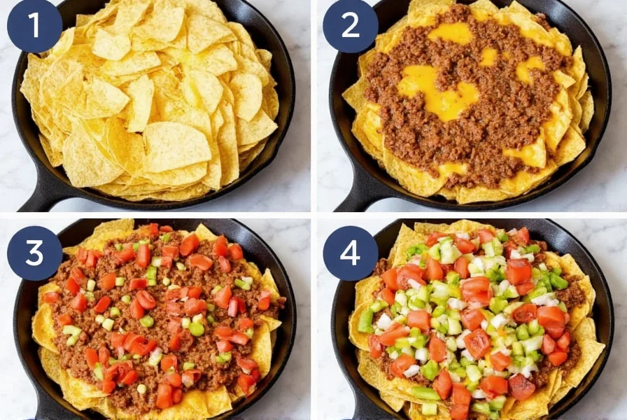 Step-by-step preparation of chili nachos showing layered tortilla chips, chili con carne, melted cheese, and fresh toppings in a cast iron skillet