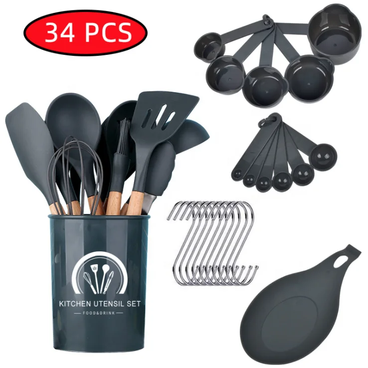 

Heat Resistant 34 pcs Cookware Spatula Sets Silicone Cooking Kitchen Utensil Set with Natural Wooden Handle Holder, Dark grey, red, light green, purple, pink, dark green