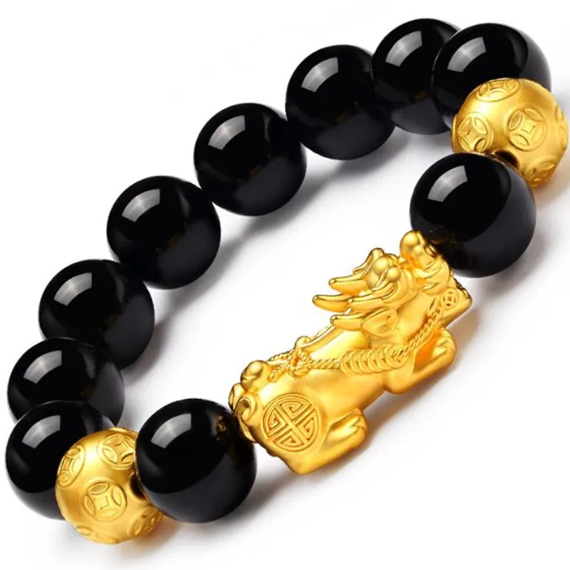 

Gold Plated Buddha Beads Bracelet Lucky Money Feng Shui Pixiu Mani Mantra Black Obsidian Wealth Bracelet