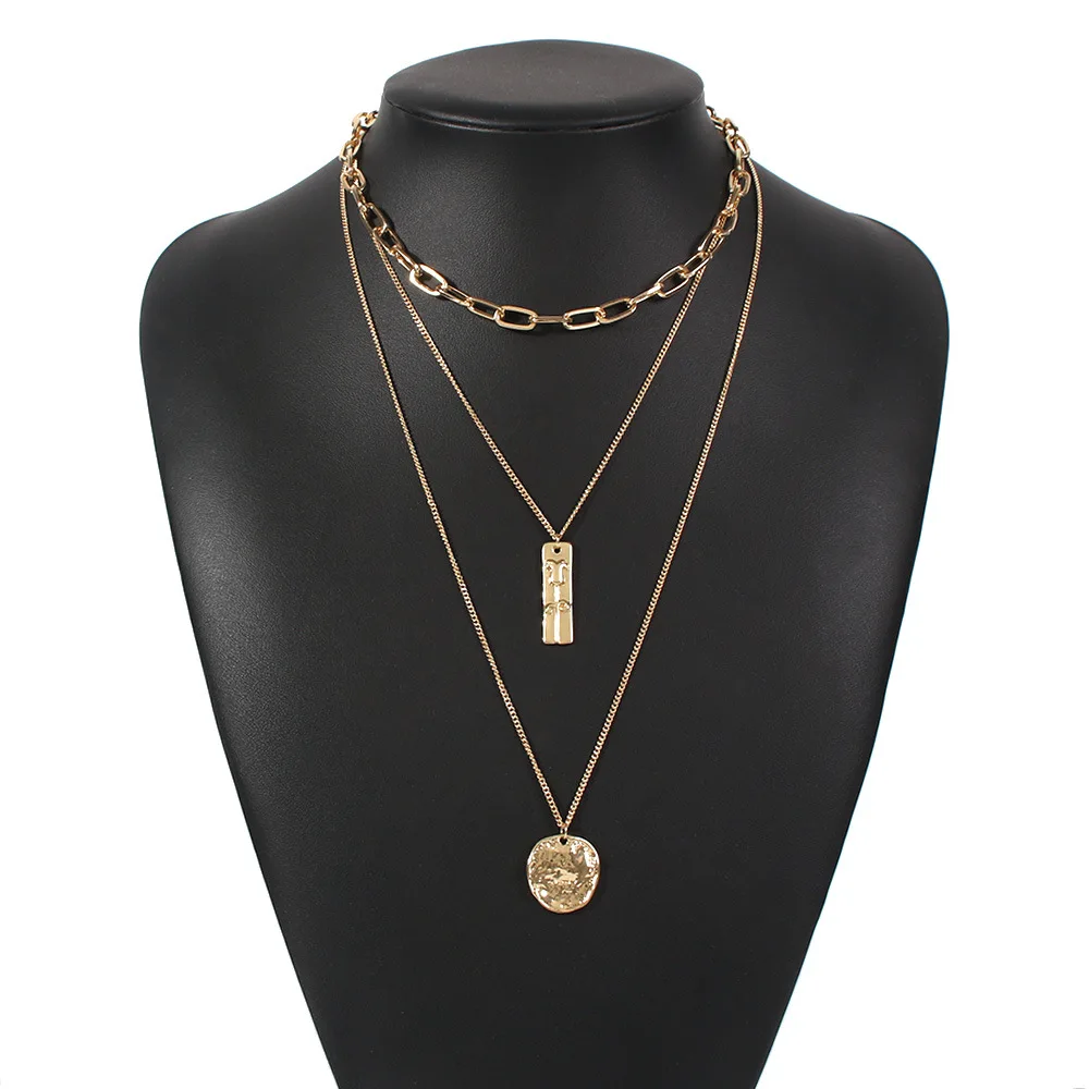 

2020 Special Gold Coin Necklace Geometric Wafer Alloy Pendant Necklace Multilayer Link Chain Necklace