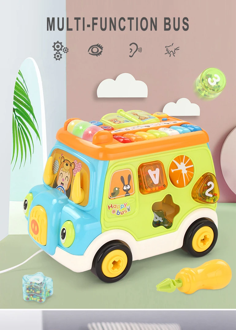 Cartoon plastic educational school bus playing toy bus for kids with light and music