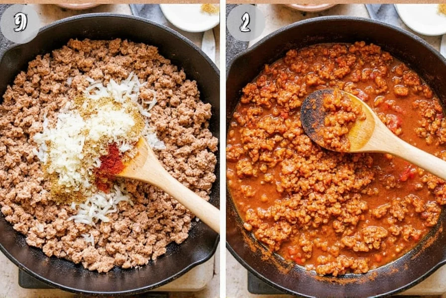 Step-by-step preparation of turkey chili showing ground turkey browning with onions and spices in a cast iron pot