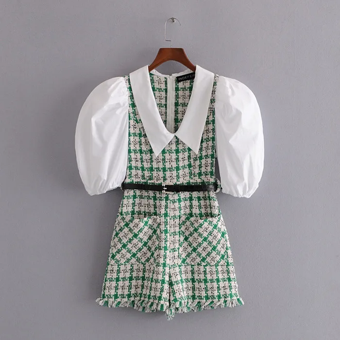 

KZ446 New 2020 Autumn Fashion Green Plaid Tweed Jumpsuit Women Stylish Patchwork Jumpsuits Bodysuit Clothing