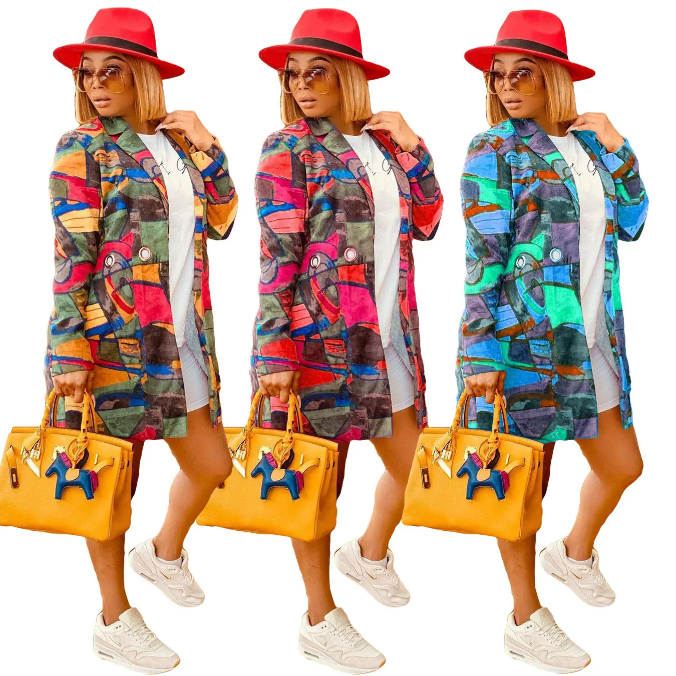 

21009-MX66 hot sale casual graffiti printed long coats ladies women sehe fashion