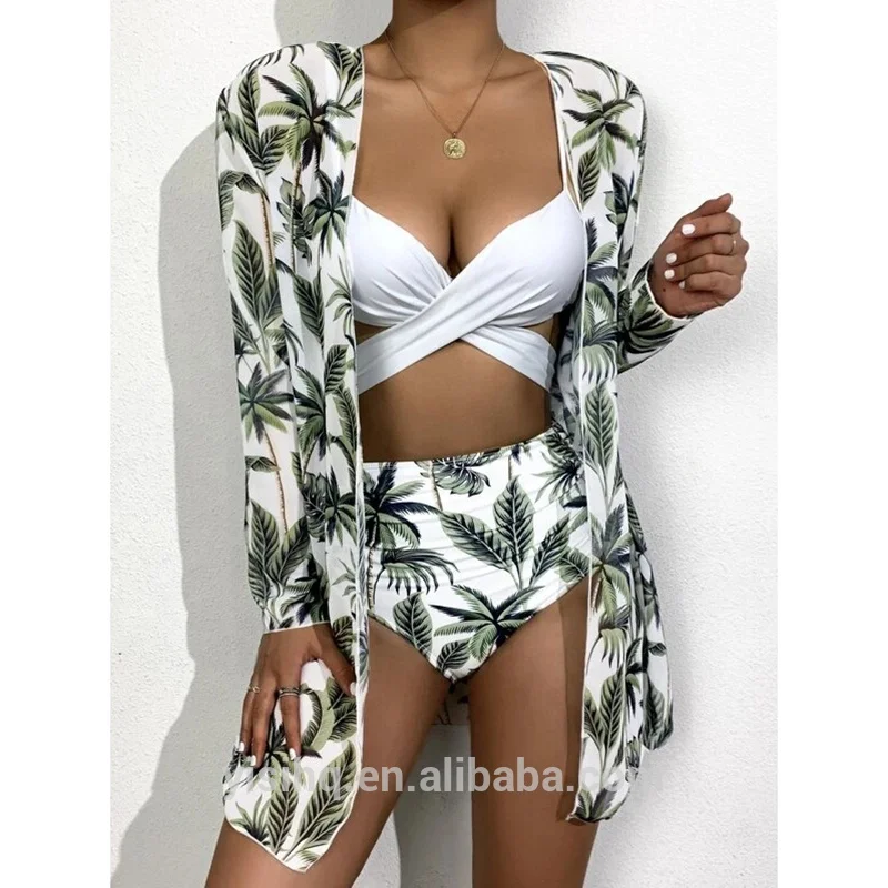 

Floral Leaf Print Tropical High Waist Wrap Swimsuit with Beach Kimono Cover Ups 3 Piece Swimwear Padded Bikini Bathing Suit Set