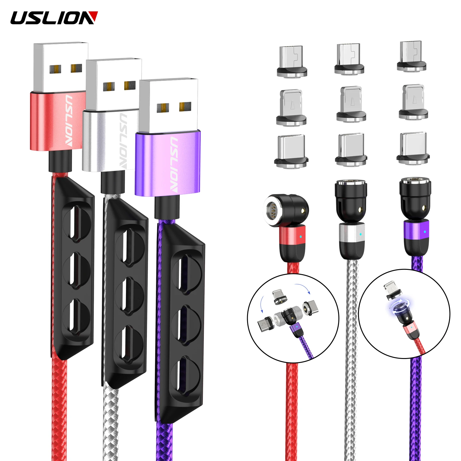 

USLION 3 in 1 USB cable 540 Degree Rotate Type c Fast Charging Magnetic USB Cable Magnetic Charger Cable Data Line, Black red purple silver