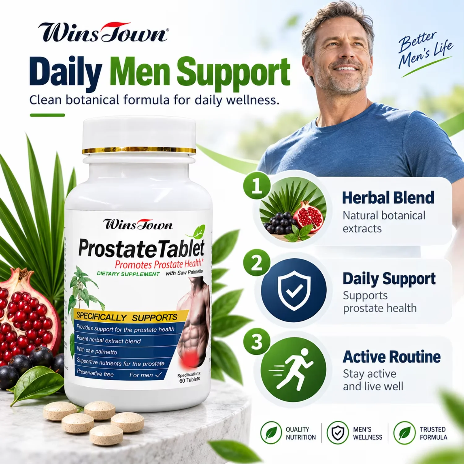 Men's Daily Wellness Dietary Supplement Tablet Adult Male Support Saw Palmetto Botanical Extract OEM ODM Private Label