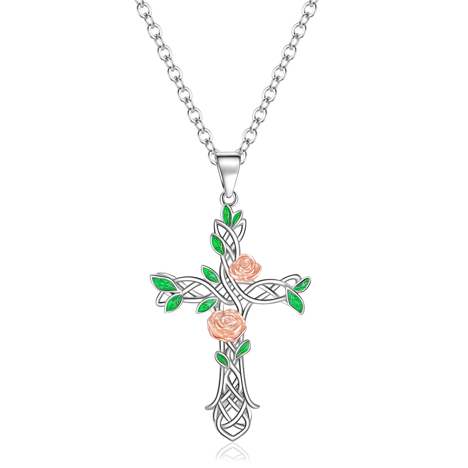 

Slovehoony 925 Silver Rose Flower Cross Pendant Necklace Enamel Christian Jewelry For Women