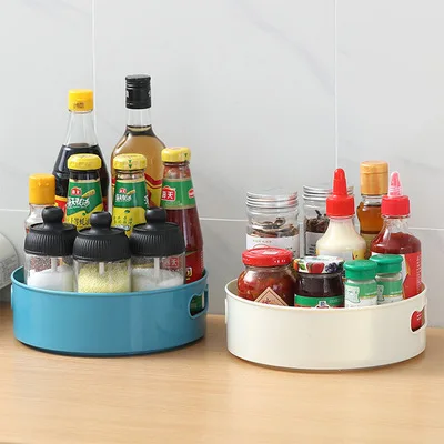 

AA350 Rotating Turntable Storage Container Bins Spices Condiments Spinning Organizer Kitchen Round Plastic Rotating Storage Tray, White,blue