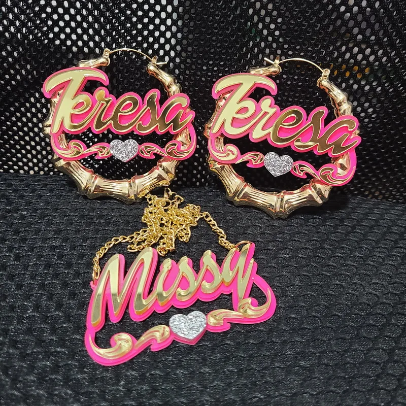 

fashion Personalized Name font bamboo hoop Earrings For Women Girls acrylic laser Custom Name Earrings
