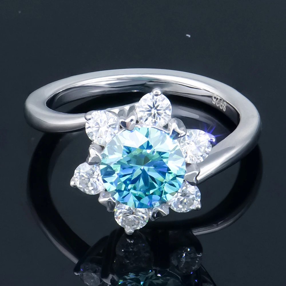 2024 New 1ct Gra Certified 925 Silver Engagement Six Claws Vvs Light Blue Mossanite Moissanite Diamond Flower Cluster Ring