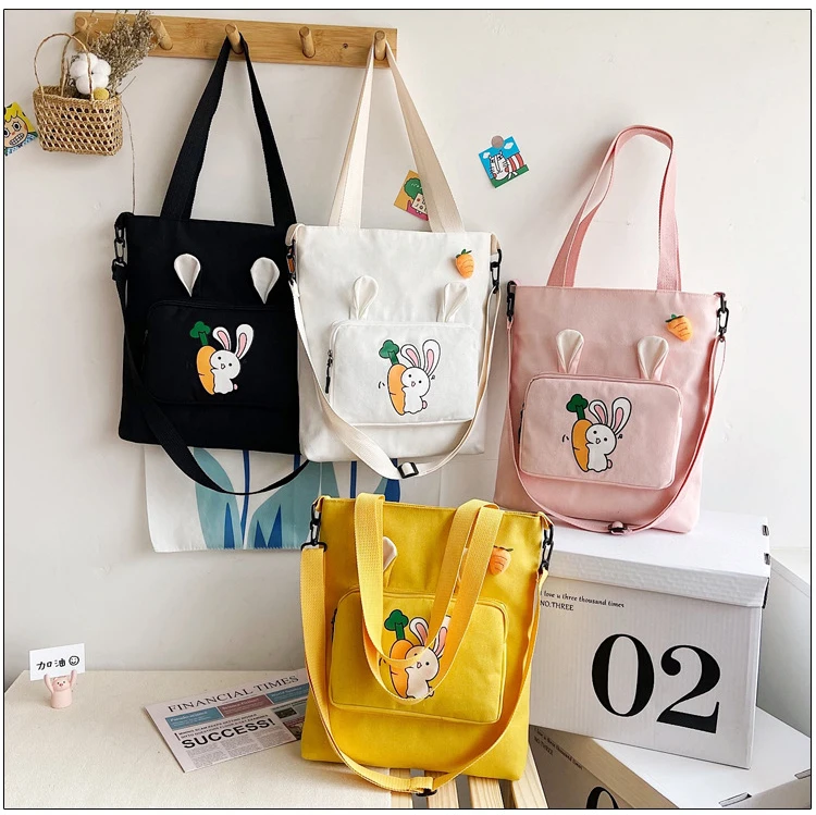 

Customized Casual Tote Bag Cute Rabbit Carrot Printed High Capacity Crossbody Canvas Tote Bag, Pink, white, black, yellow