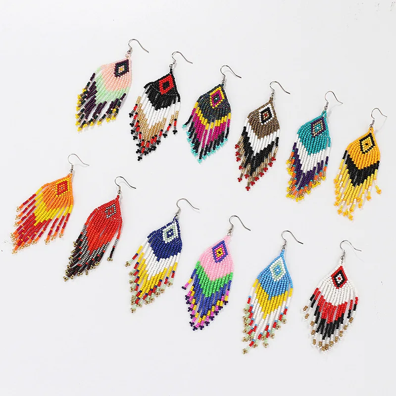 

2022 Summer Colorful Minority Ethnic Handmade Bohemian Tassel Earrings Rice Long Seed Bead Fringe Earrings