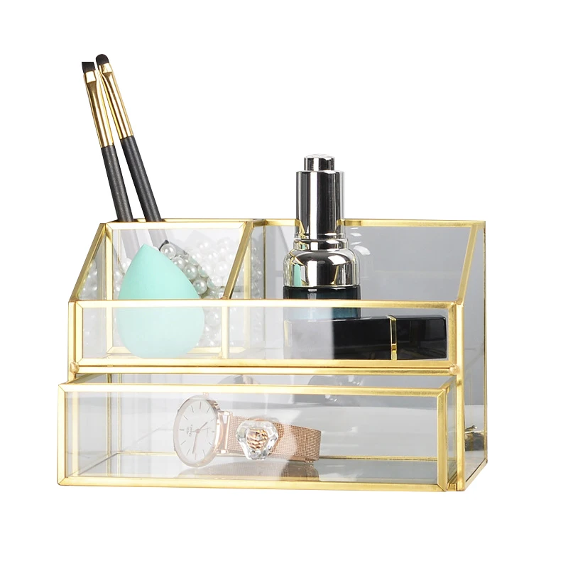 

Luxury Cosmetic Organizer Drawers Holder Brass Clear Glass Makeup Storage Box, Transparent