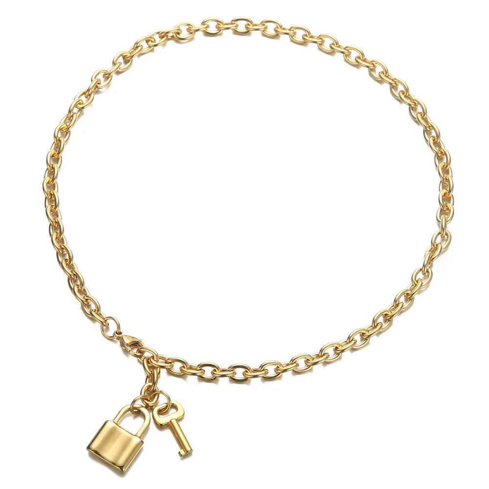 

Female jewelry of necklace 18K gold plated stainless steel lock and key design necklace and earring, Gold color