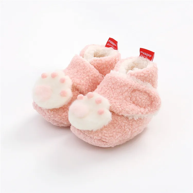 

Cute Pink Paw Shape Infant Toddler Prewalker Plush Coral Velvet Fleece Winter Thermal New Born Fashion Winter Organic Baby Shoes, White, brown, black, grey, pink