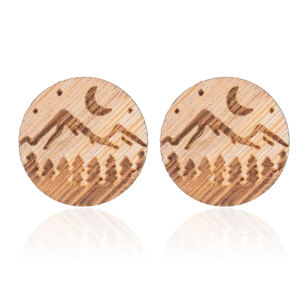 

2021 New Arrival Mini Wood Natural Scenery At Night Round Stick Earrings Wood Moon Star Tree Mountain Stud Earrings For Kids, As picture