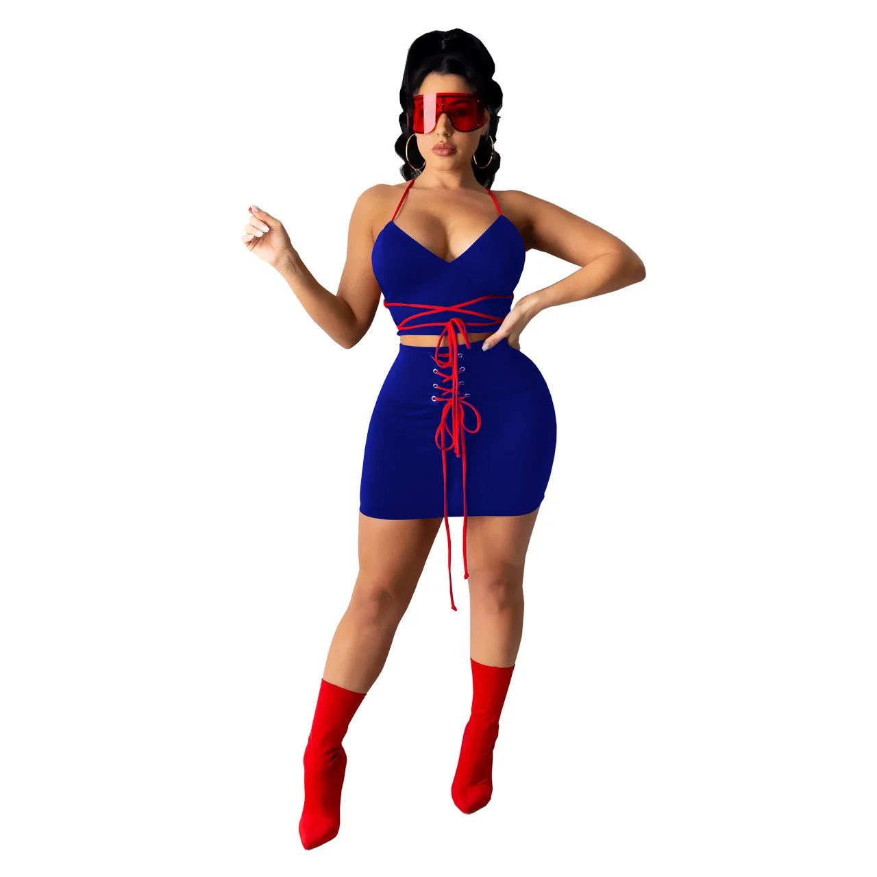 

Casual Slip Solid Crop Top Skinny Skirt Set Women Sexy Bandage Dress Two Piece Set Women Clothing, Picture color