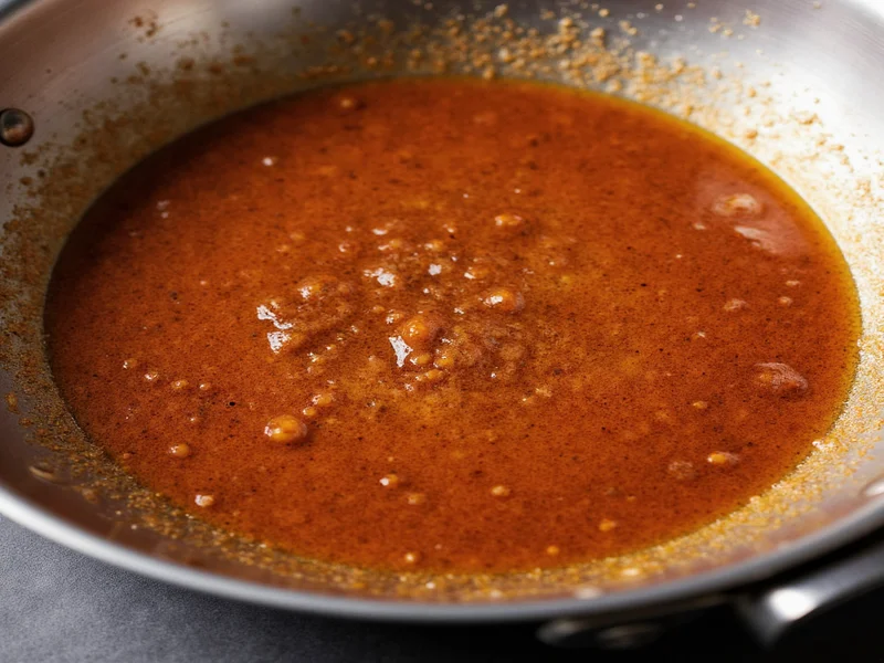 Simmering teriyaki sauce in stainless steel pan