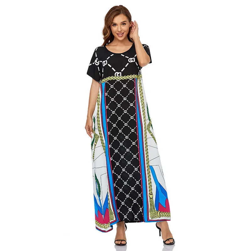 

Muslim Women's Middle Eastern Robe Short Sleeve Long Skirt Women's Printed Dress