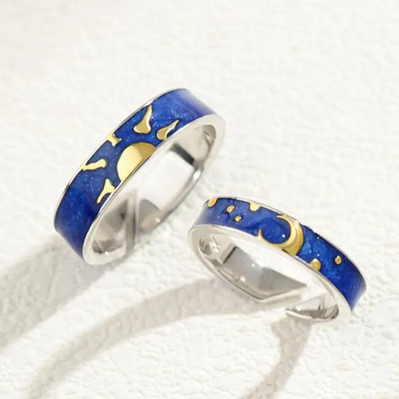 

New 925 Sterling Silver Original Van Gogh Enamel Moon Star Rings Sky Gold Canvas Finger Open Ring For Lovers' Couples, Picture