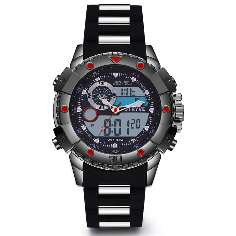 

Men Relojes Military Big Head Multifunction Dual Time Analog Led Clock Waterproof Stryve Brand Luxury Sport Digital Quartz Watch