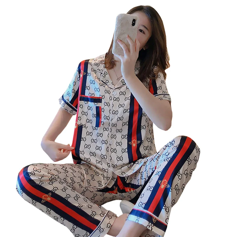 

Summer pajamas women sets big-name silk lapel cardigan short-sleeved trousers silk home service two-piece suit