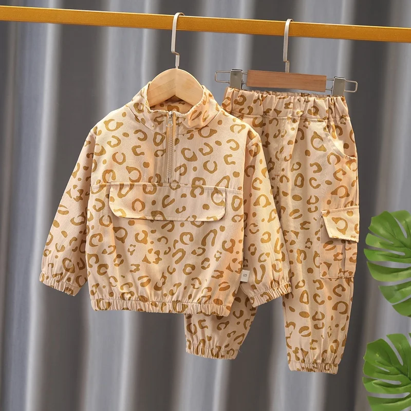 

Solid Color Leopard Print Long Sleeve Pocket Zipper Clothing Sets Baby Boys Spring Autumn, As pic shows, we can according to your request also