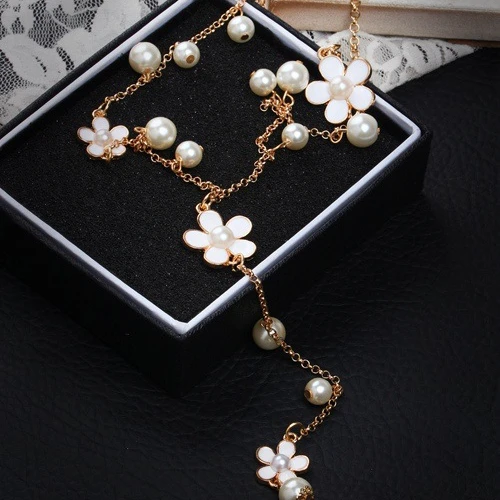 

New Flower Long Necklace for Women Fashion Simulated Pearl Jewelry Tassel Necklaces & Pendants
