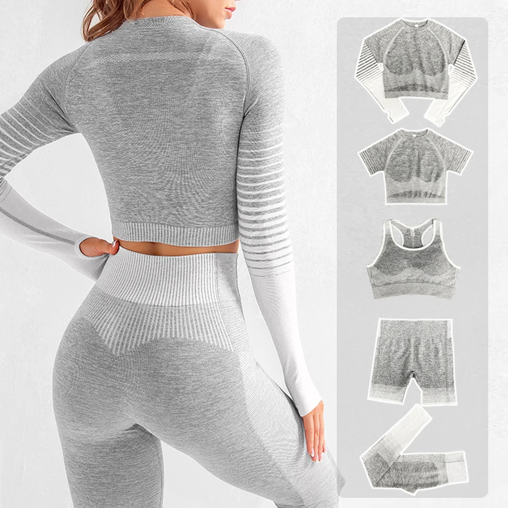 

Striped Women Gym Sportswear Crop Top Running Bra Leggings Fitness Yoga Wear Clothing Seamless Yoga Set 5pcs, 5 colors