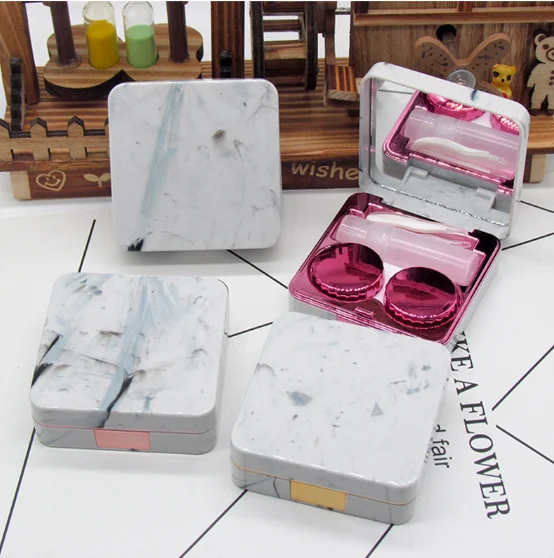 

Square Fashion Mirror lens Packaging Cute Marble Stripe Contact Lens Case, 4 colors