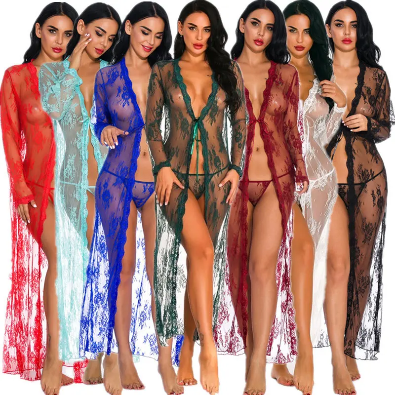 

Wholesale Sexy Lingerie Women Plus Size Floral Lace Mesh Transparent Chemise Lingerie Kimono Long Pajamas