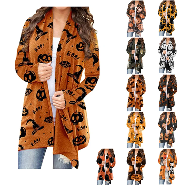 

2021 Hot Halloween Printed Long Sleeve Knit Cardigan Top