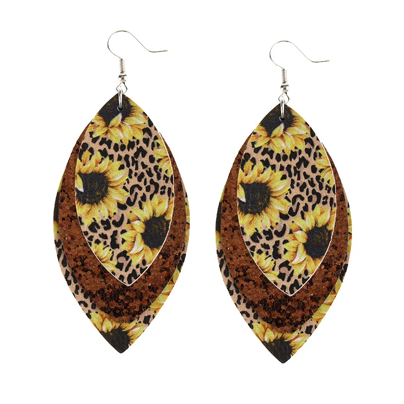 

Teardrop Style Vintage Sunflower Flower Leather Earrings for Women, Picture show