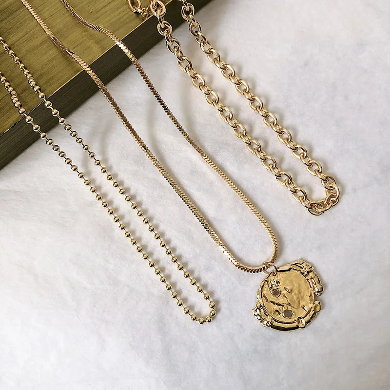 

ball snake cross lin chain multi layer necklace female sweater chain stacking neck chain irregular round vintage coin necklace, Picture