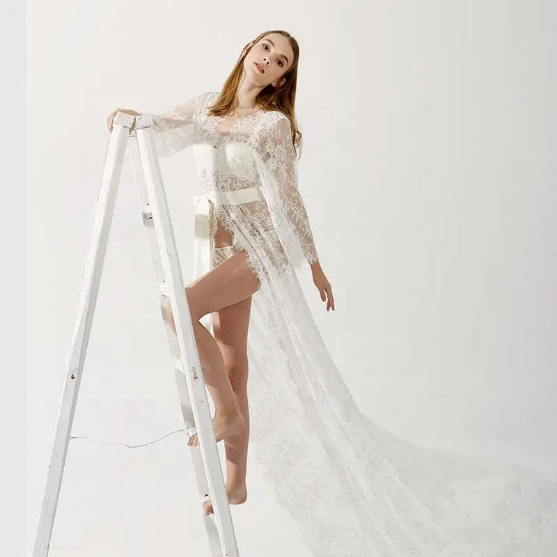 

Long Elegant Lace Bridal Robe Sexy Evening Lace Robe, Can be customized